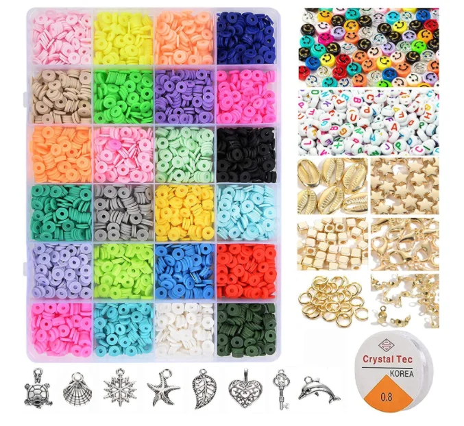 4000 Pcs 24 Colors Flat Polymer Heishi Beads DIY Craft Kit with Smiley Clay Beads for Jewelry Making