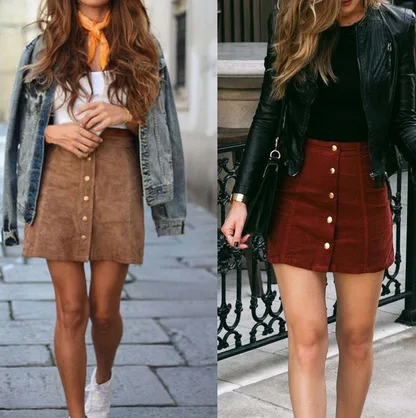 
Fashion Elegant Women Ladies Summer Skirts High Waist Single Breasted Solid Slim A-Line Suede Leather Mini Skirts 