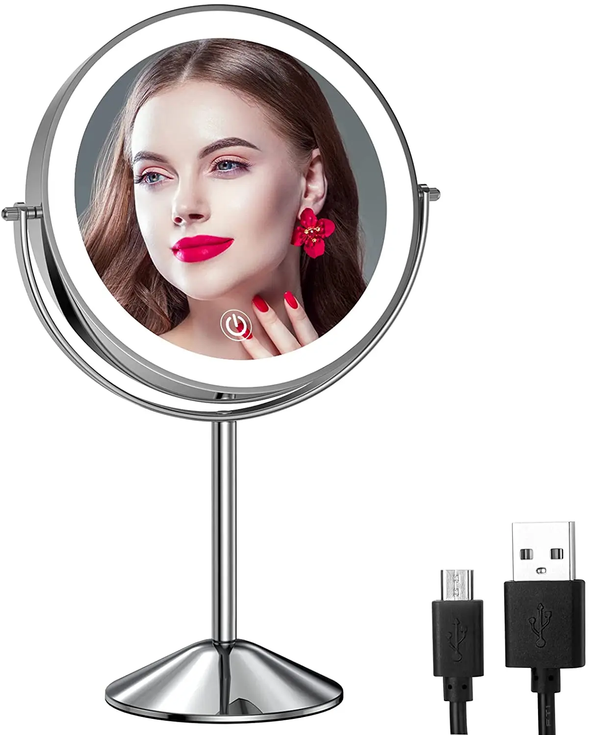 8 Inch 1x/10x Magnifying Double Sided Led Vanity Mirror Rechargeable Lighted Makeup Mirror with 3 Color Lights