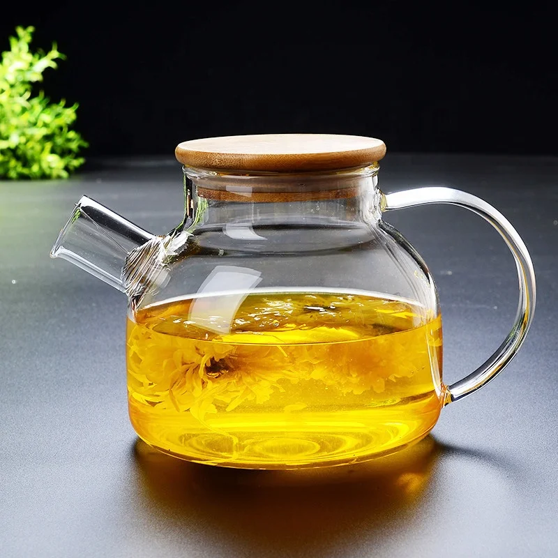 Large Capacity 1000ml  Handmade High Borosilicate Heat Resistant Clear Glass Teapot With Bamboo Lid With Glass Handle