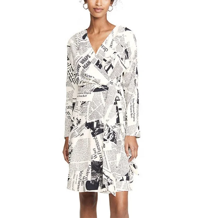 customized personalized v-neck bodycon midi dress bohemian clothing newspaper print dress