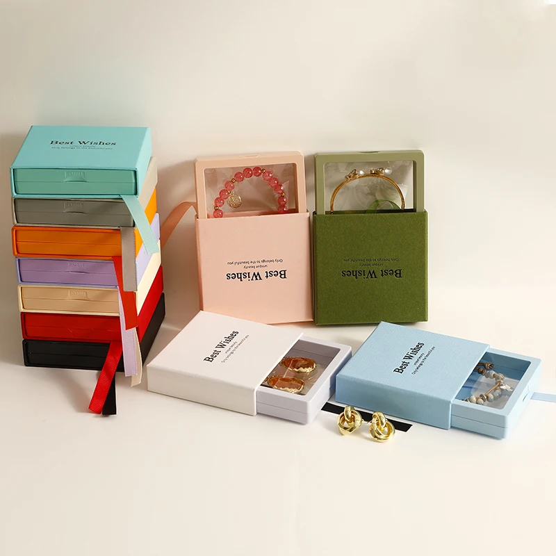 Hot Square Slide Drawer Paper Jewelry Box Ring Display Holder Case Classic Transparent FE Film Jewelry Gift Set Box Packaging