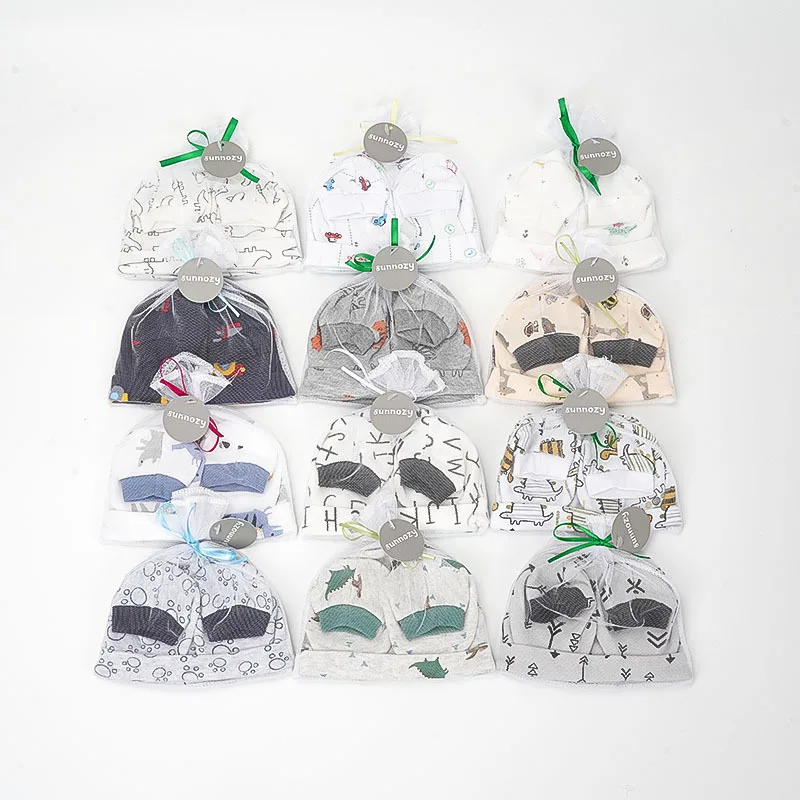 Оптовая продажа, 3 в 1, новые детские носки, варежки, подарочный набор, хлопковая детская шапка для новорожденных