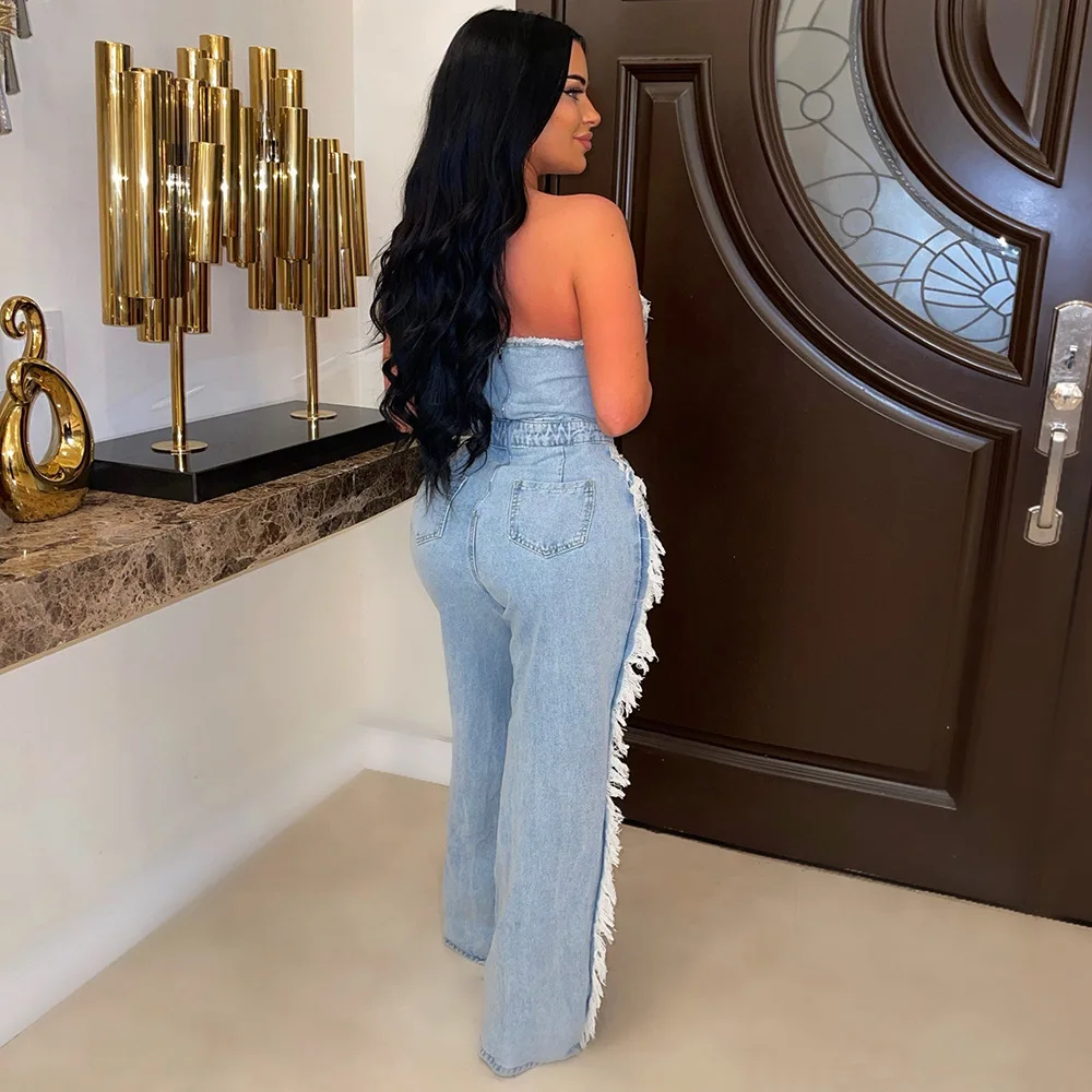 2023 Denim Jumpsuit Women Sleeveless Strapless Jeans Jumpsuits Sexy Hollow Out Hole Tassel Denim Jumpsuit Women