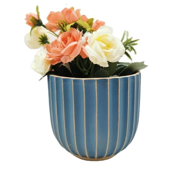 cylinder blue stripe rib design artificial flower greenery bonsai pot  in flower pots planters for bed room window side