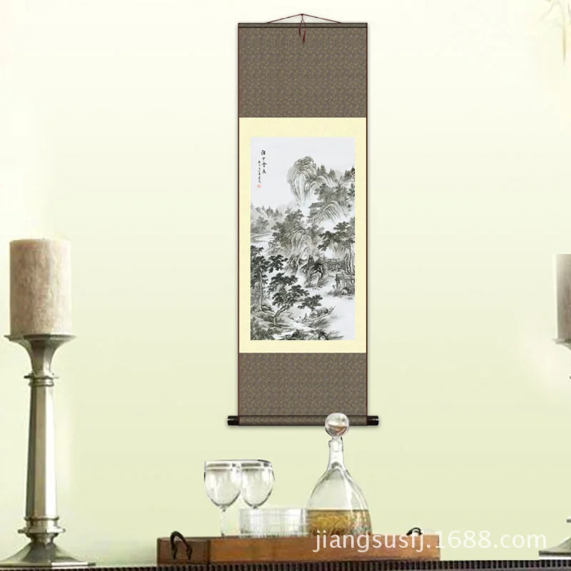 Living Room Office Hanging Ink Landscape Silk Exquisite Scroll Traditional Chinese Painting Bozhong Meeting Friends