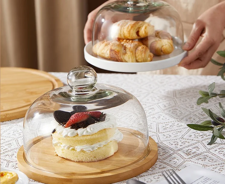 Creative Bamboo Plates for Kids Serving Tray Rotating Tray Wood Bamboo Cake Tray with Glass Cover