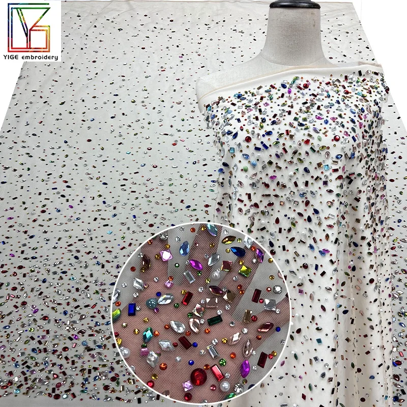 high quality crystal stones Diamond Lace hand beaded Lace Fabric with crystal and rhinestone Tulle Net Fabric For Wedding