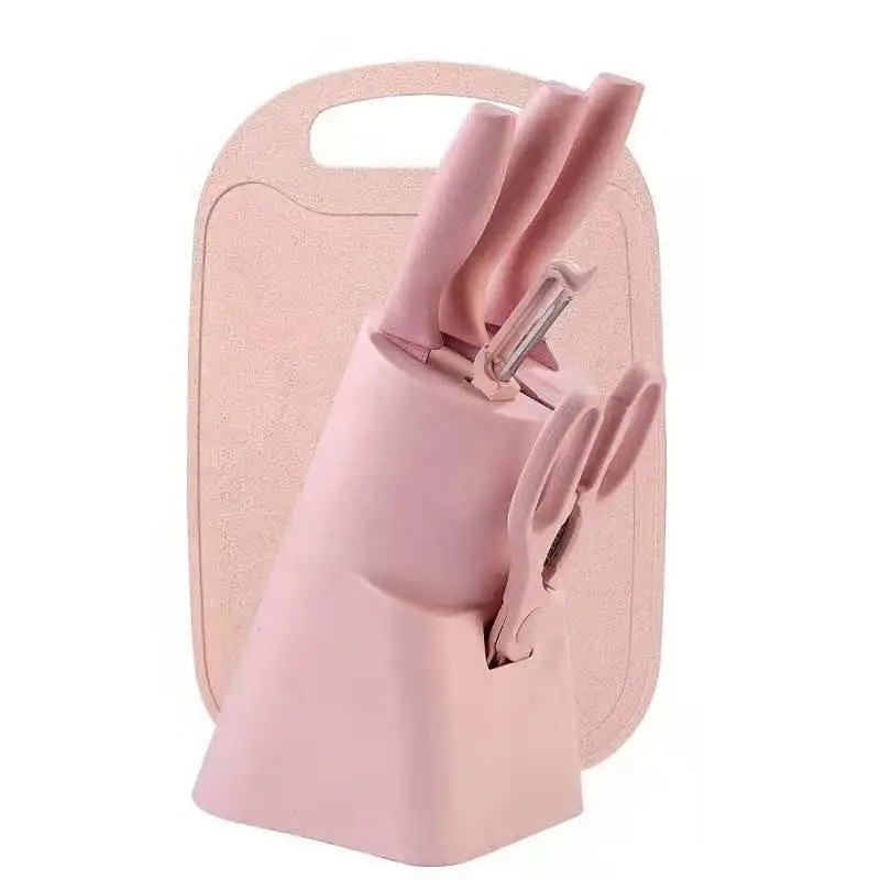 Kitchen Accessories - 7pcs Pink Kitchen Knife Set with Cutting board and Scissors