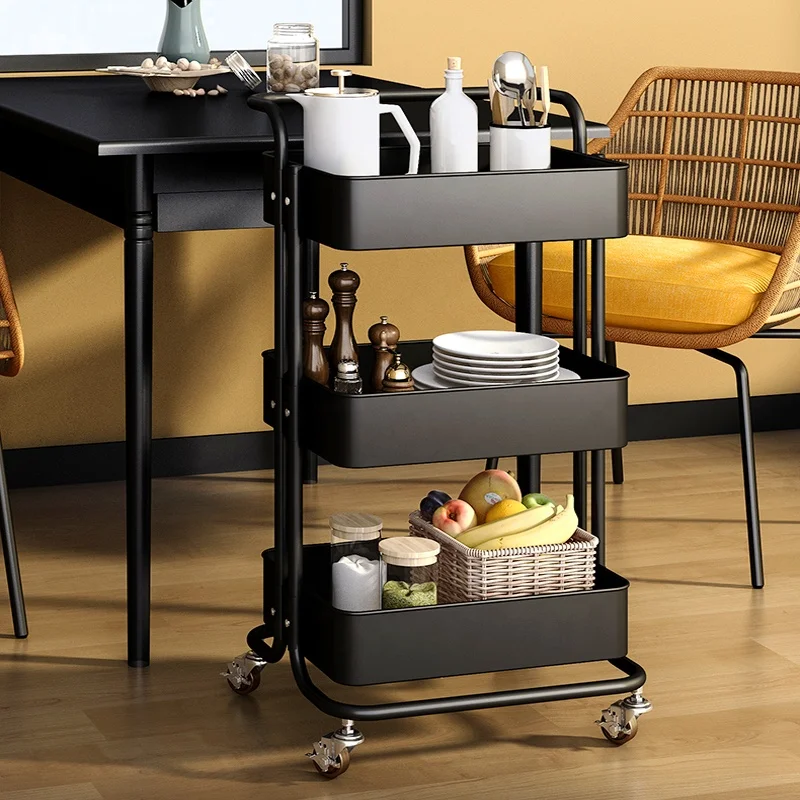 3-Tier Rolling Folding Utility Trolley Cart With Wheels Kitchen Storage Rack Shelf with Handle