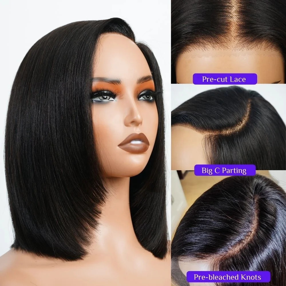 Raw Vietnamese Hair Pre Cut Lace Glueless Short Bob Wig,Natural C Part HD Lace Frontal Wig Human Hair Bob Wigs For Black Women