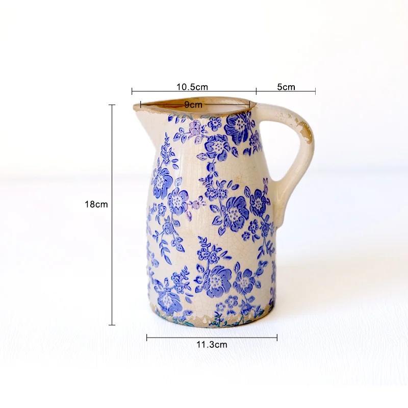 No MOQ Wholesale Retro Ice Crackled Waterproof Farmhouse Pitcher Flower Vases Blue Ceramic Vase for Home Decor