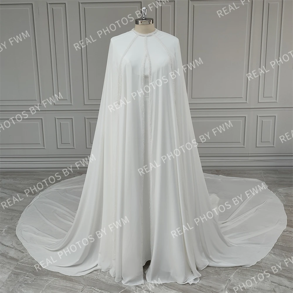 15656# Real Photos Muslim Dubai Long Sleeves Royal Train A-line Wedding Dress With Beading Pearls Lace Cloak Bride Gown For Wome