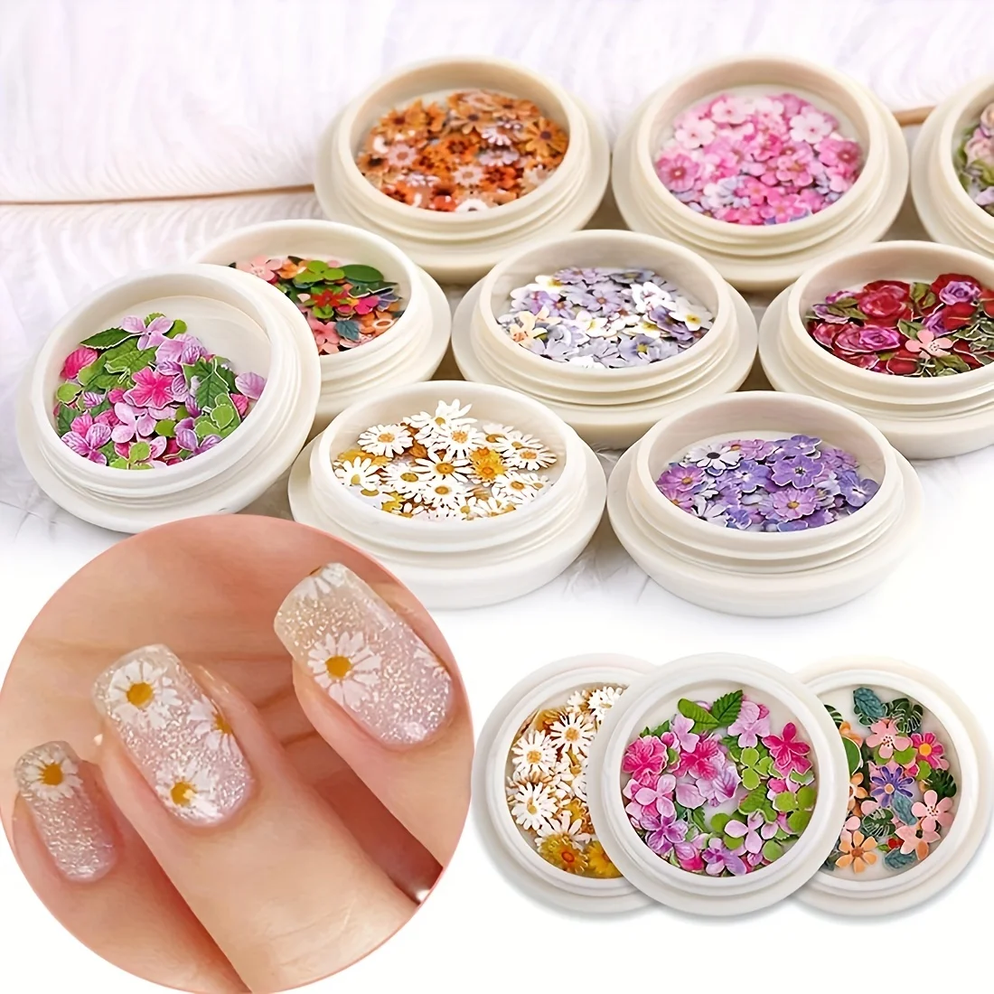 50Pcs 3D Holographic Flower Leaf Nail Stickers Acrylic Sequin Paillettes Sparkle Glitter Nail Art Decoration Simulation Flower