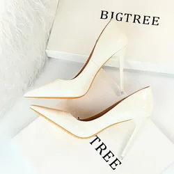 European and American style fashion simple slim - heeled super - high - heeled shiny patent leather shallow mouth pointed sexy t