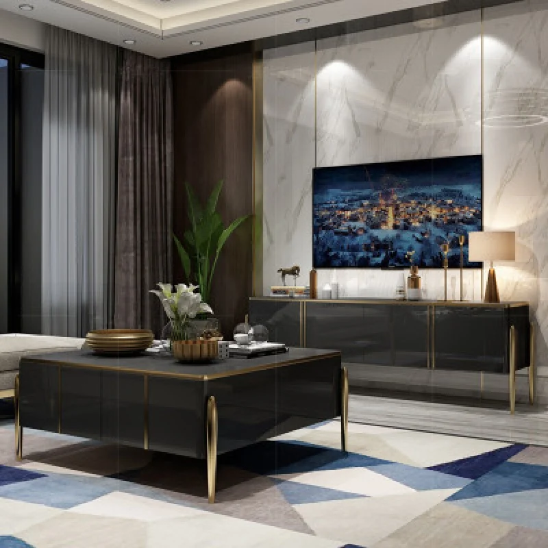 Luxury Customised ssquare champagne gold coffee table glossy baking paint center tea table wooden marble glass 4 door side table