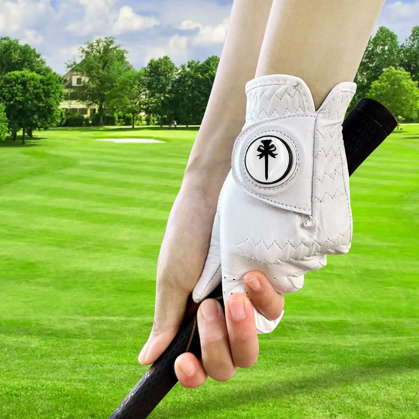 Customized Women Cabretta Golf Glove - Premium Genuine Leather All Weather Ideal Golf Team Gloves with Ball Marker (Left Hand)
