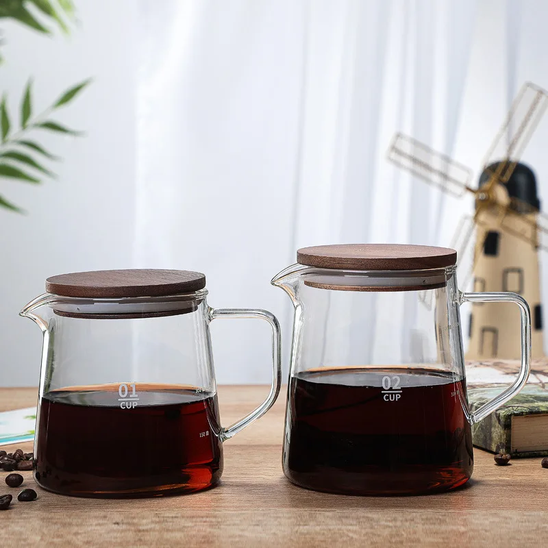 Hot sale 300ml 500ml Microwave Safe & Heat Resistant Glass Coffee Server For Pour Over Coffee pot With Acacia Wood Lid