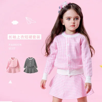 Girls Houndstooth Knit Set Black and White Plaid 2019 New Korean  Long Sleeve Sweater Cardigan Skirt 2 Pieces Children Set