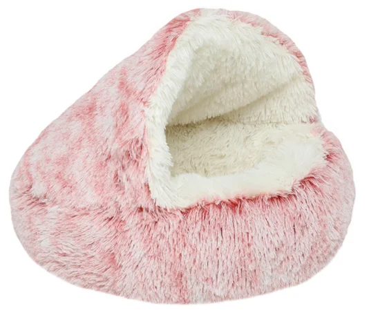 Pet Cat Bed Round Long Soft Plush Burrowing Cave Hooded Dog Cat Bed