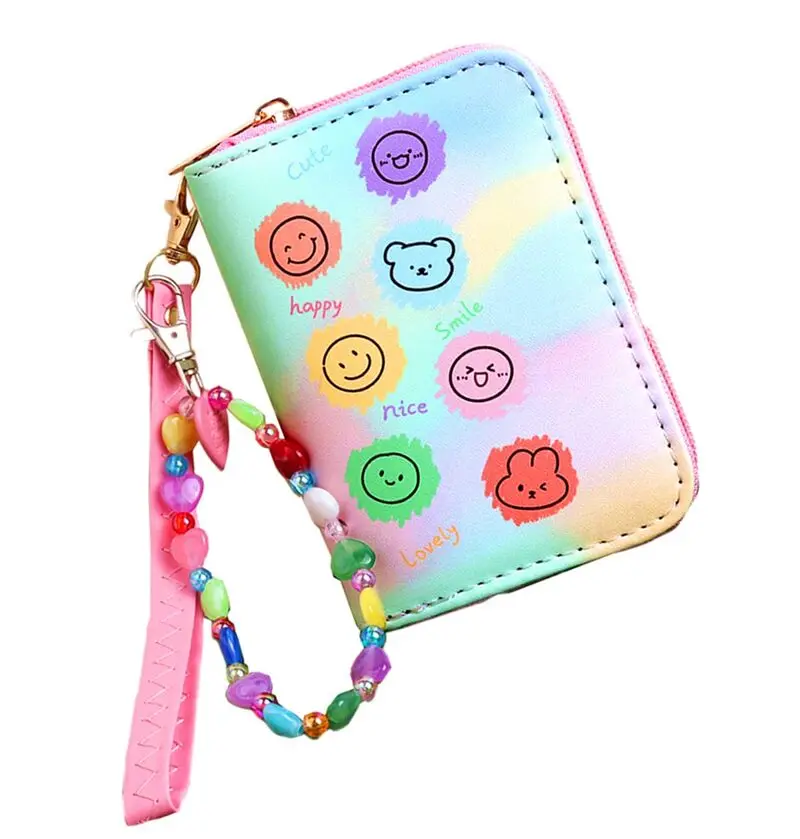 customize minimalist coin purse keychain slim kids leather wallet card holder with with beaded wristlet strap