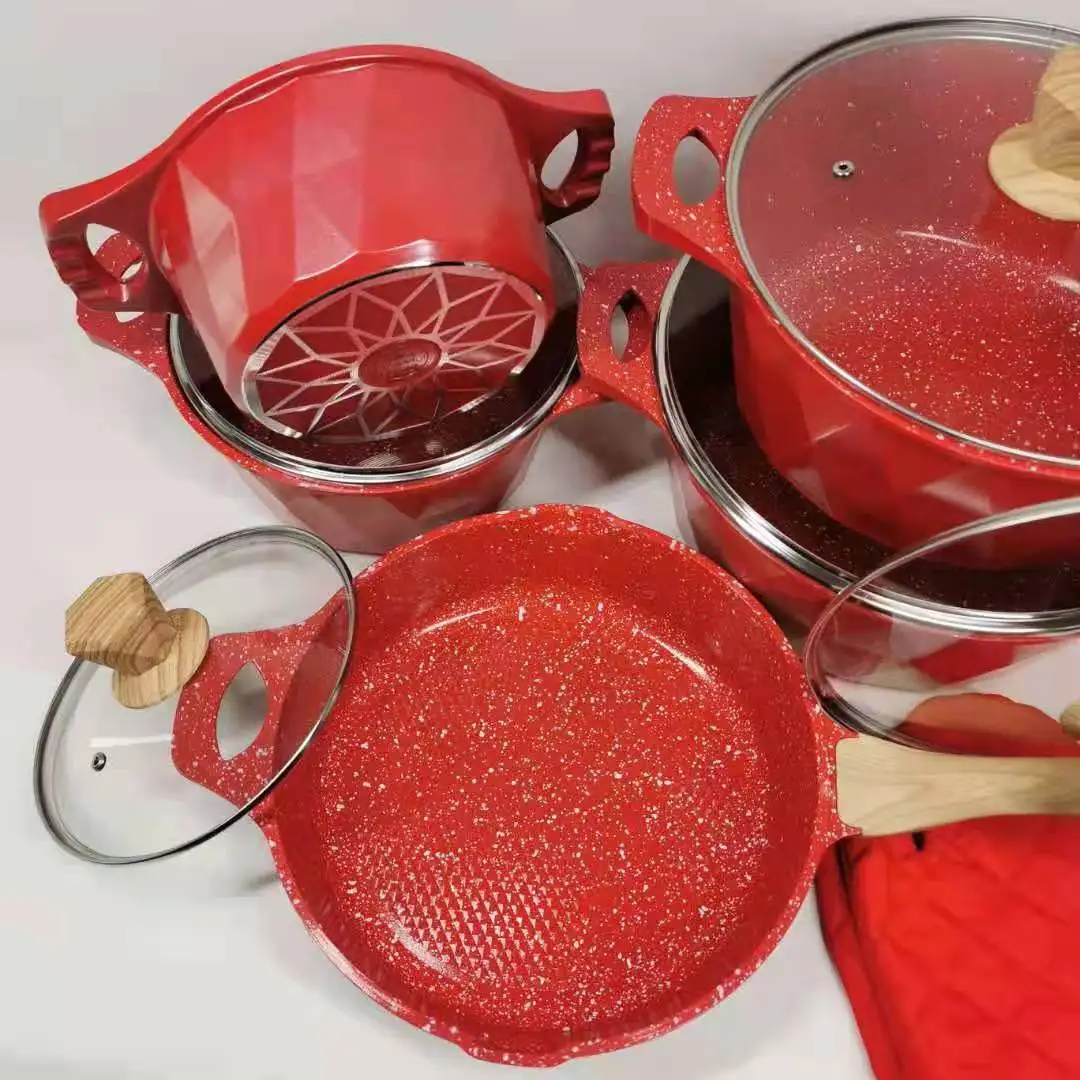 Non Stick Cookware Customized Kitchen Aluminum Pot Die Casting Wok Medical stone Gift Set 12 Pieces Cookware Pans And Pots Set