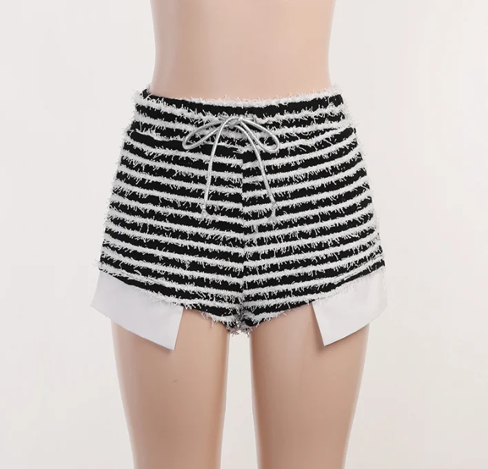 2023 fashion streetwear Woolen white black Contrast shorts hot girls casual sexy high waist Stripe Drawstring women shorts