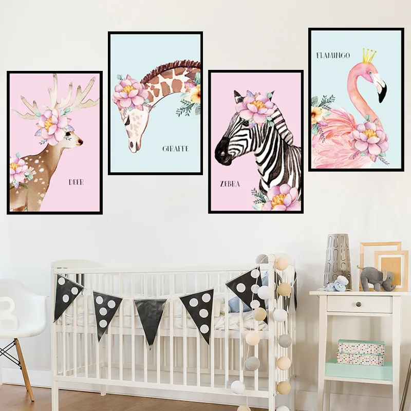 Cute Animals With Pink Flowers Wall Mural Zebra Giraffe Flamingo Wallpaper Home Decor Living Room Bedroom Removable Stickers