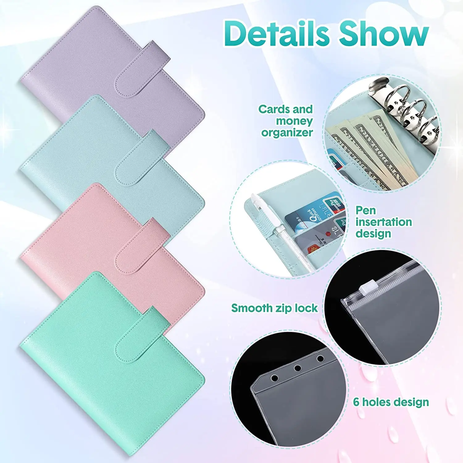 Custom A6 PU Leather Budget Binder with 12PCS A6 Binder Pockets 6 Ring Binder Loose Leaf Bags Cash Budget Envelopes