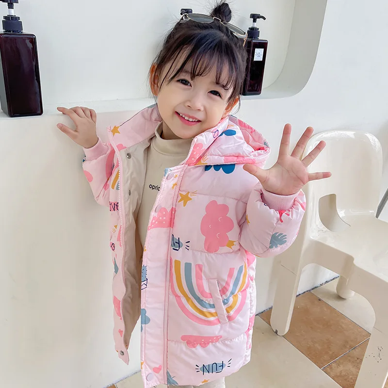 2024 New Girls Long Sleeve Rainbow Down Jacket Children Clothes Hooded Windbreaker Cotton Warm Outerwear Kids Winter Coat