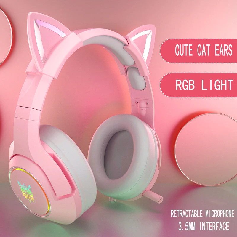 Hot sale ONIKUMA K9 Pink HiFi 3.5mm Wired Gaming Cat Ear Headset with Microphone for Computer for the cute girl.