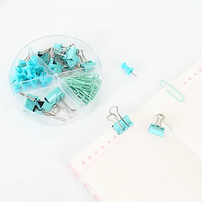 Лидер продаж, прозрачная пластиковая коробка с 4 отделениями, набор канцелярских принадлежностей с зажимами для связывания и зажимом для бумаги