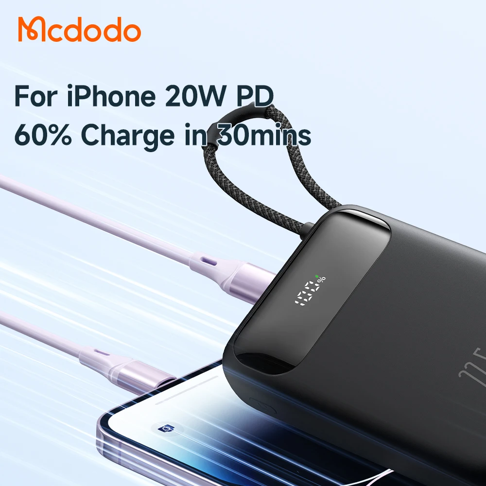 Mcdodo 372 20000mAh Power Bank with USB-C Cable 20W PD Charging Max 22.5W USB C Cable Power Bank For iPhone 15 Pro max Android