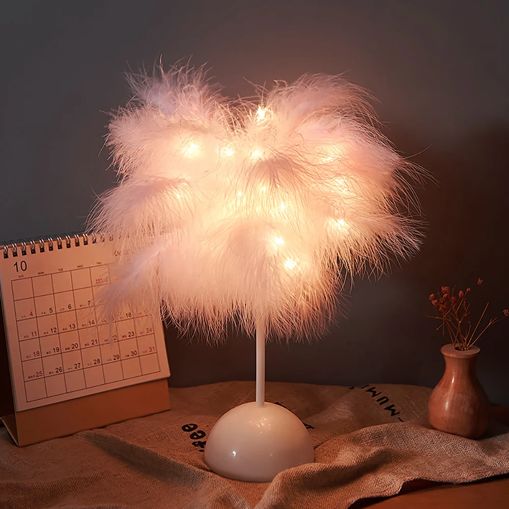 LED Night Light USB Fairy Light Feather Table Lamp Desk Decoration Living Room Party Christmas Wedding Girl Bedroom Decoration