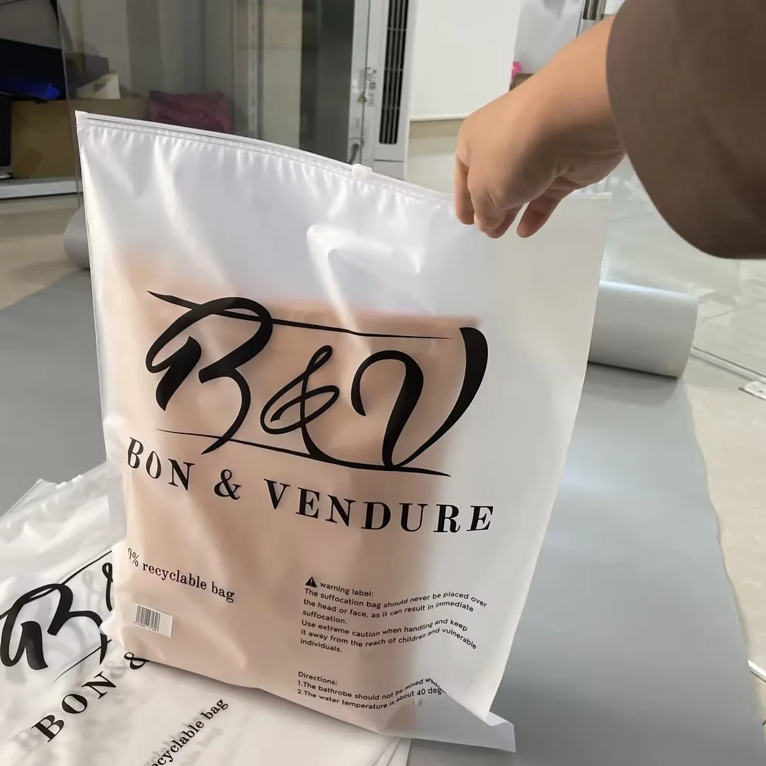 Recyclable custom logo frosted plastic zipper bag socks clothing packaging vertical zip lock packing bag for small business