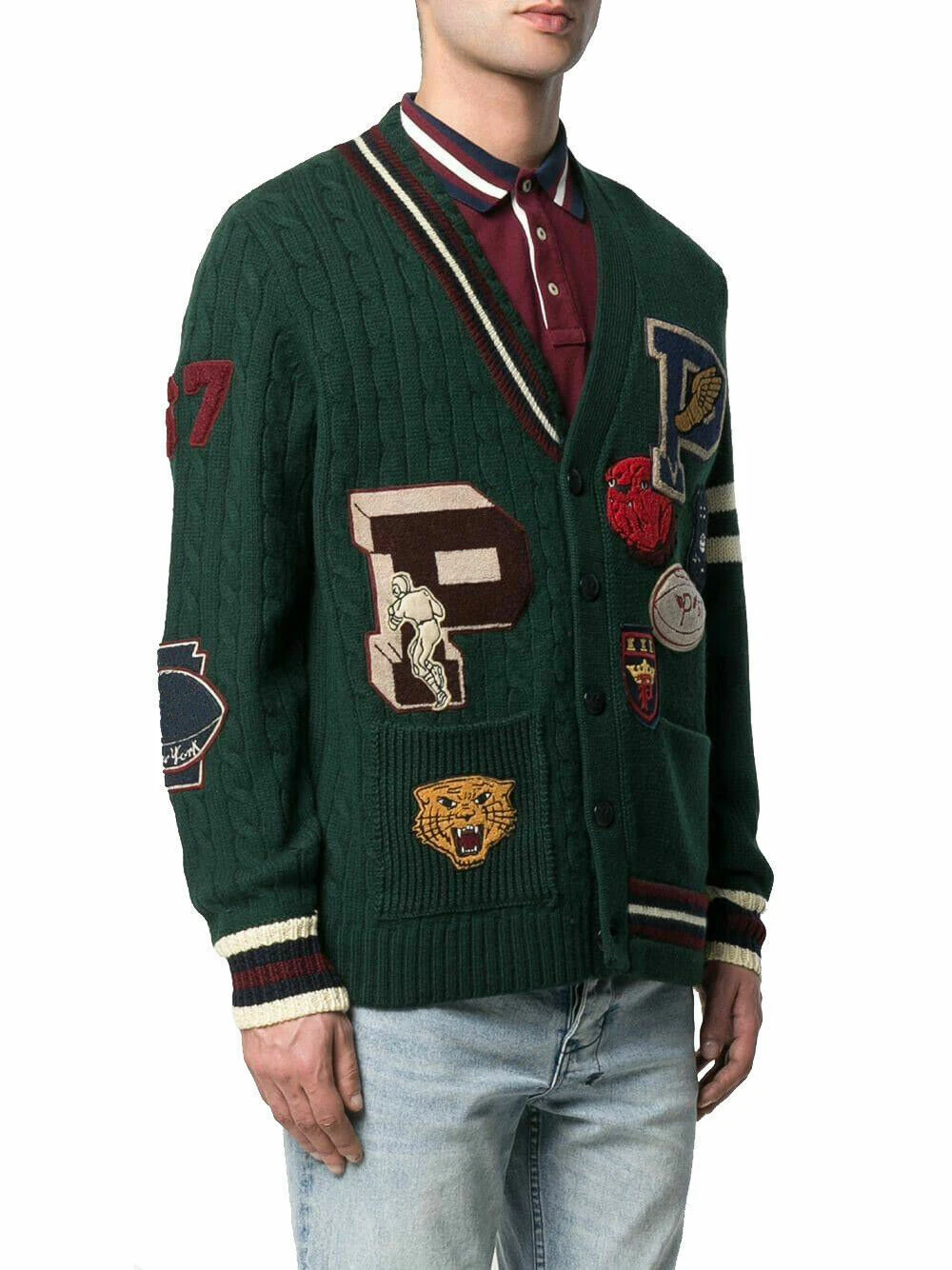 New Design Long Sleeve V-neck Logo Brand Knitted Cardigan Custom Chenille Patch Men Sweater