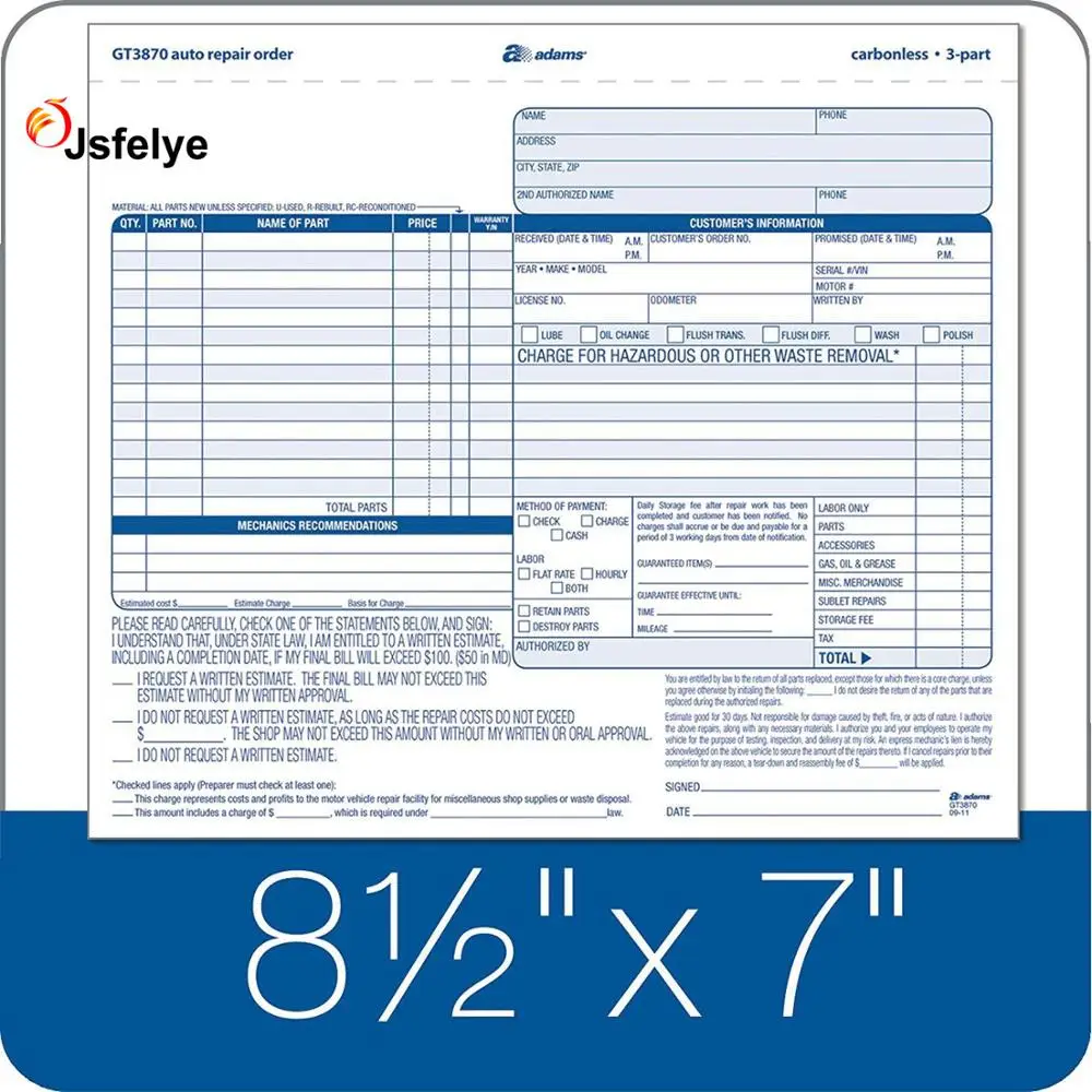 8.5x7.44 in Carbonless 3-Part Auto Repair Order Invoice Books with Forms