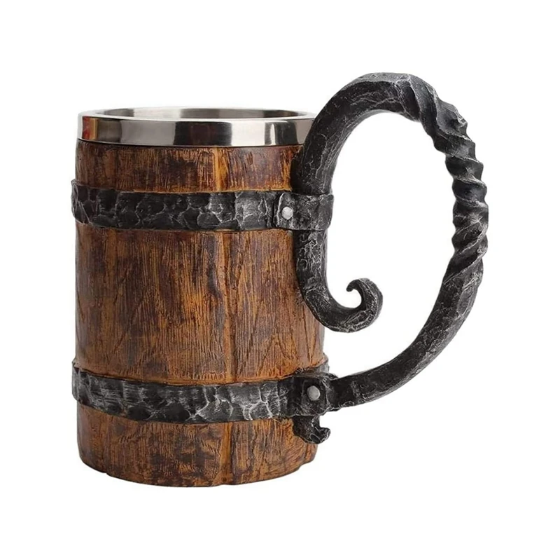 Antique Barrel 550ML Viking Drinking Cup Stainless Handmade Wood Style Beer Mug
