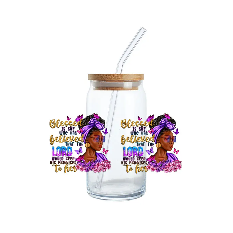 Custom design Self-Adhesive Black Girl UV DTF Cup Mugs cold Wrap film Transfer Stickers for 16oz 20oz Libbey Glass Tumbler