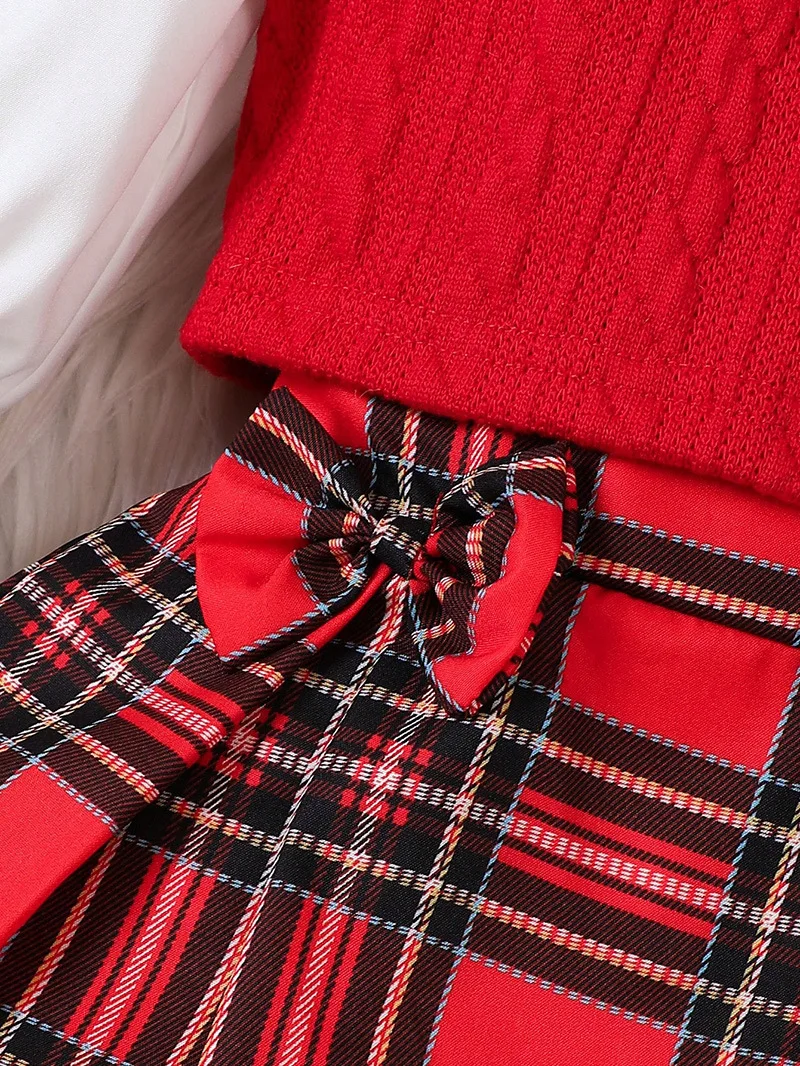 Baby Christmas costume fashion baby girls long sleeve shirt plaid skirt knit waistcoat 3Pcs clothing