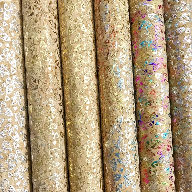 Natural Cork Material Hot Stamping Slub Holographic Butterfly Pattern Printed Cork Leather Fabric for Bags Shoes Book Cover