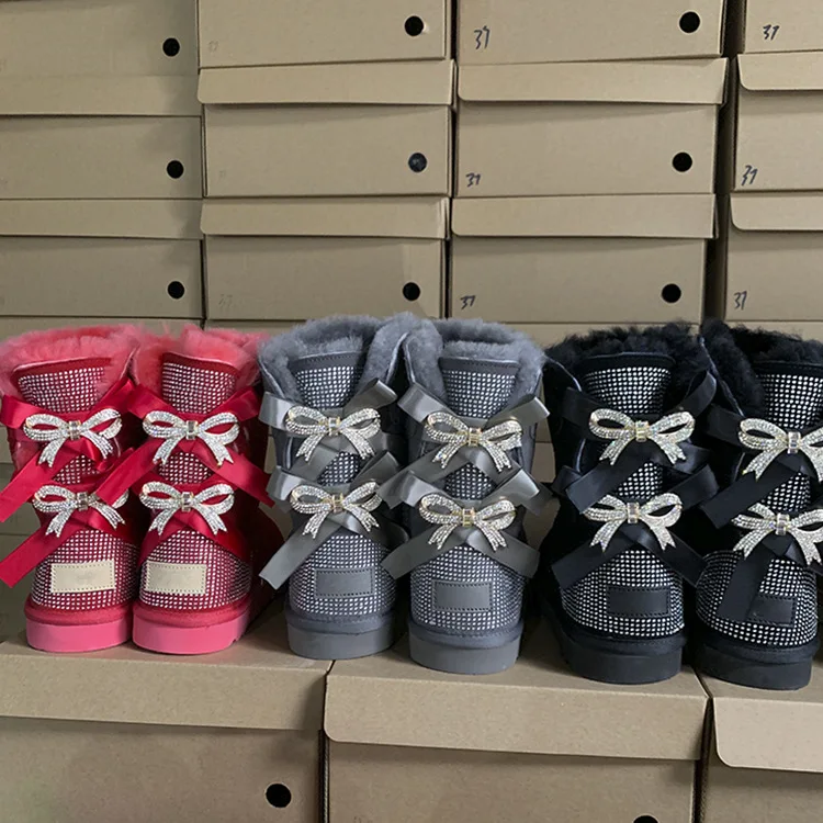 Designer Boots Wool Warmth Warm Ladies Shiny Women Snow Boots Hot-selling Rhinestone New Fashion with Bow EVA Adult Fur Midi 2cm