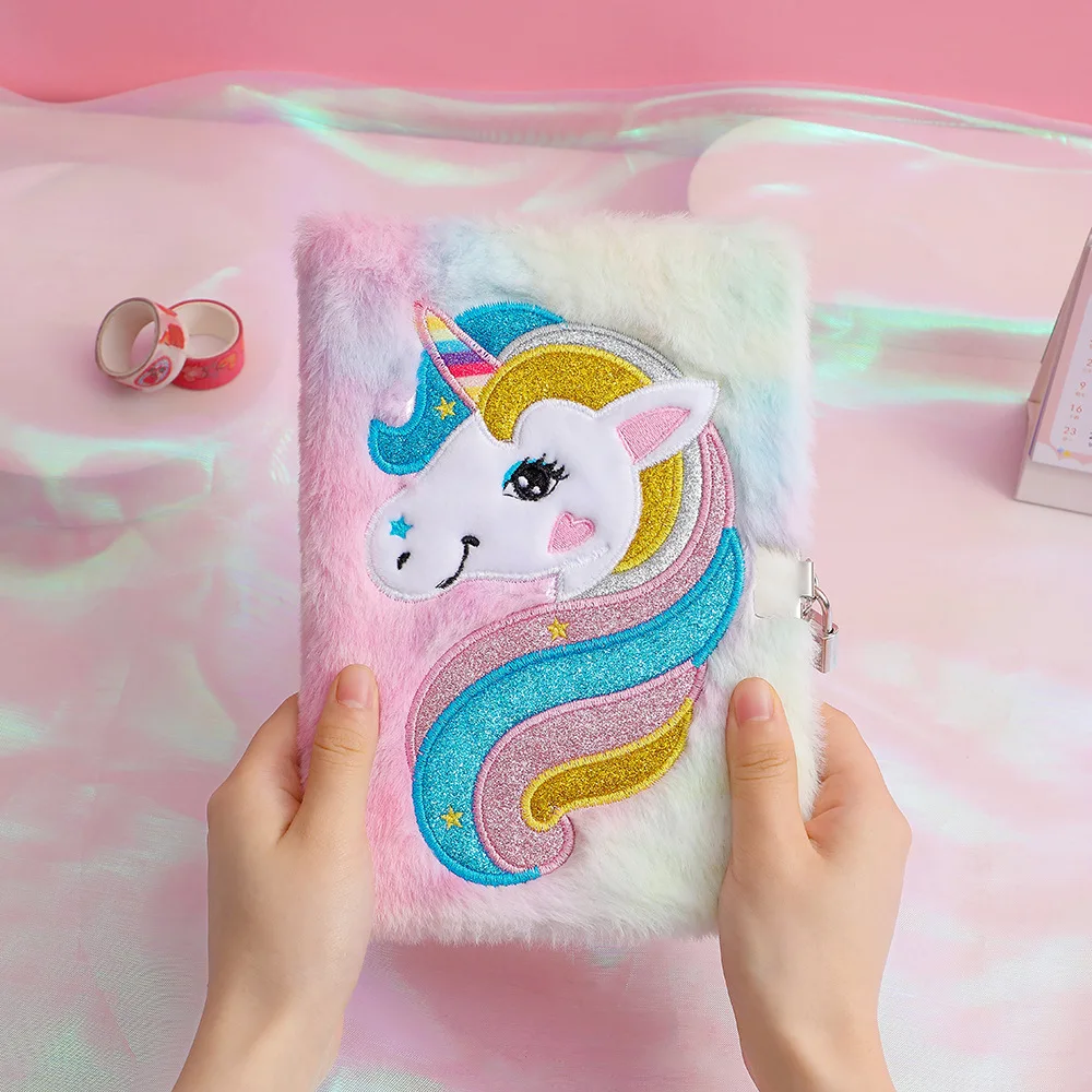 Eco Friendly Children Office Stationery Cute Stuffed Animal Unicorn Notebook With A Lock For School Student