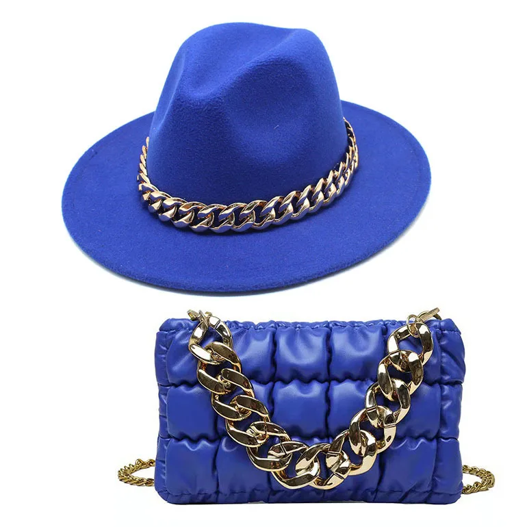 Hot sell Wide Brim Panama Hat Fedora Cap Oversized Chain Accessory Bag Hat  For Women Luxury New Hat Latest Chain Two-piece Set