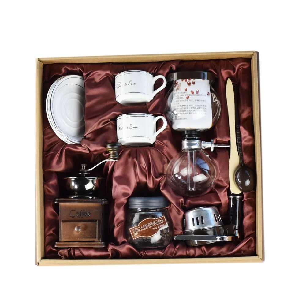 T003 Hot sale popular Coffee tools Coffee Accessories coffee set syphon+burner+grinder+2 cups+barrel Gift Box Espresso maker XUE