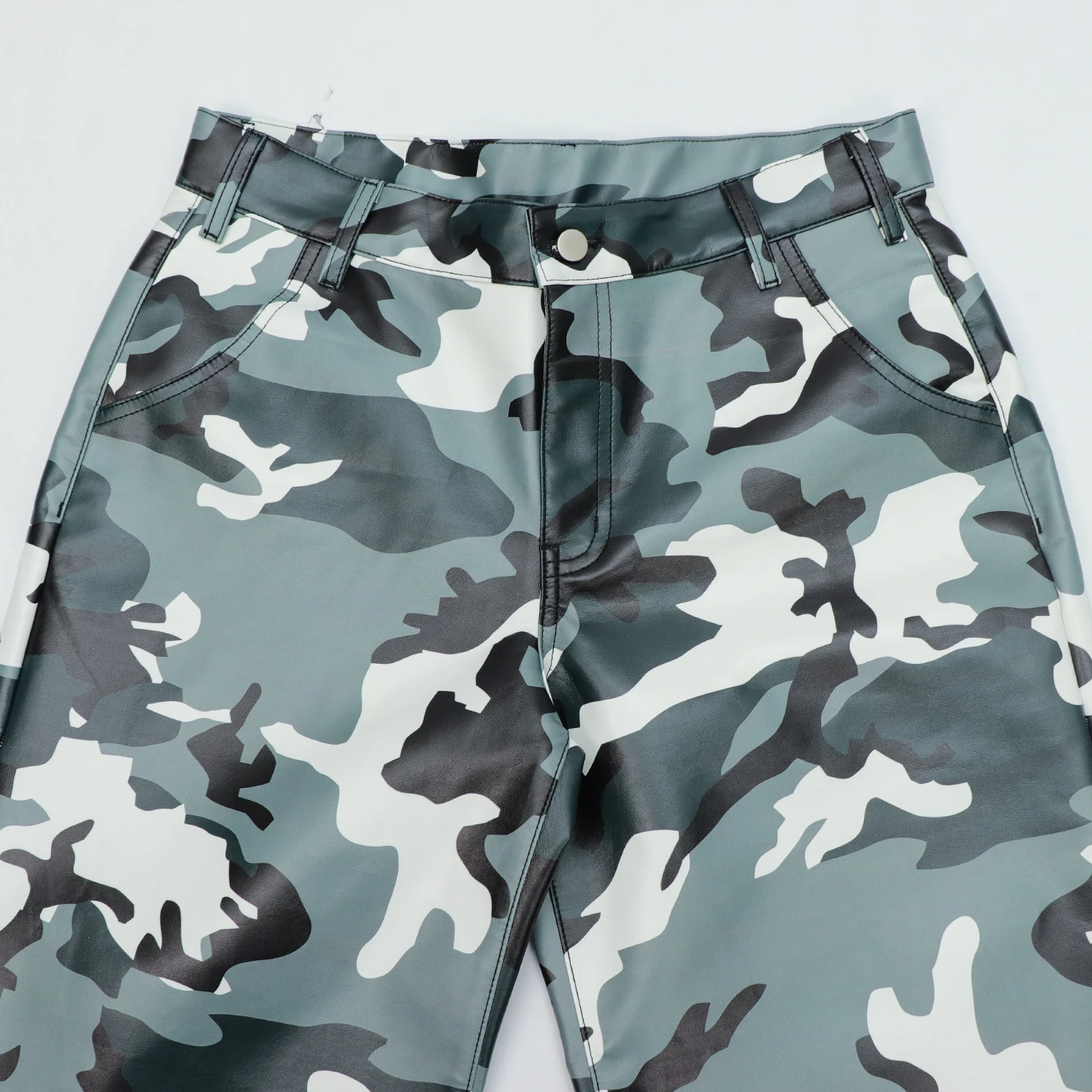 Custom Designer Street Camo PU Leather Pants Wide Leg Oversized Baggy Waterproof Camo Camouflage Pants for Men and Women