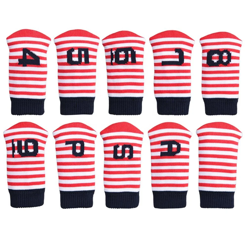 10PCS/Set Golf Iron Head Cover Knitted stretch Iron Cover 4 5 6 7 8 9 PW SW AW Red&White Mini cover