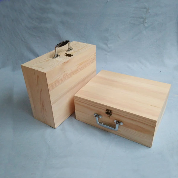 Wooden Storage Box with Hinged Lid and Handle Wooden Suitcase Unfinished Decorative Keepsake Case Wood Memory Box with Latches