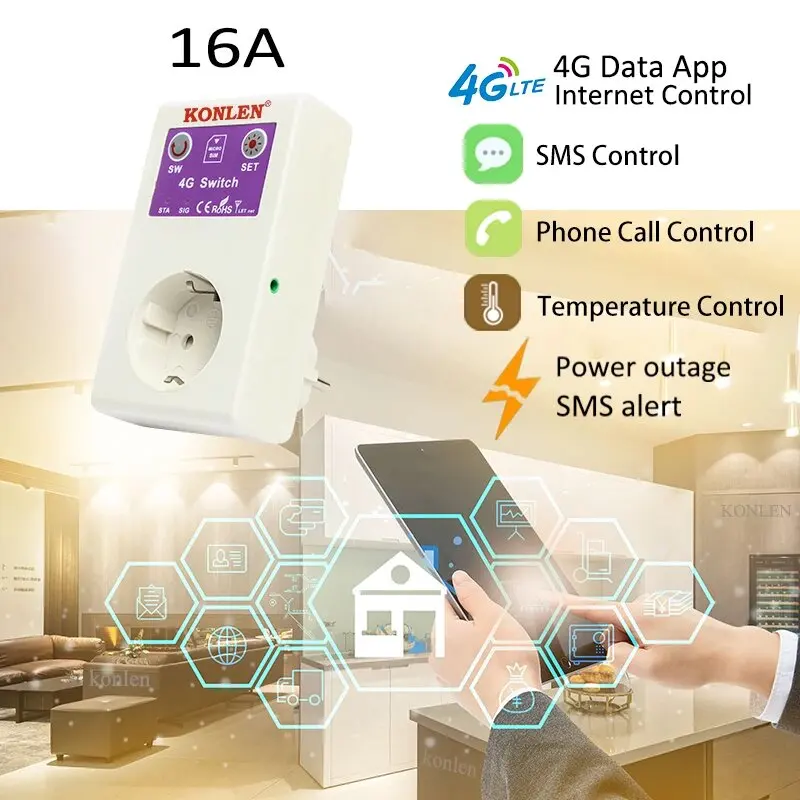 4G LTE Power Socket EU Smart Plug GSM SMS Remote Control Temperature Sensor Switch Outlet 16A Home Appliance Relay Controller