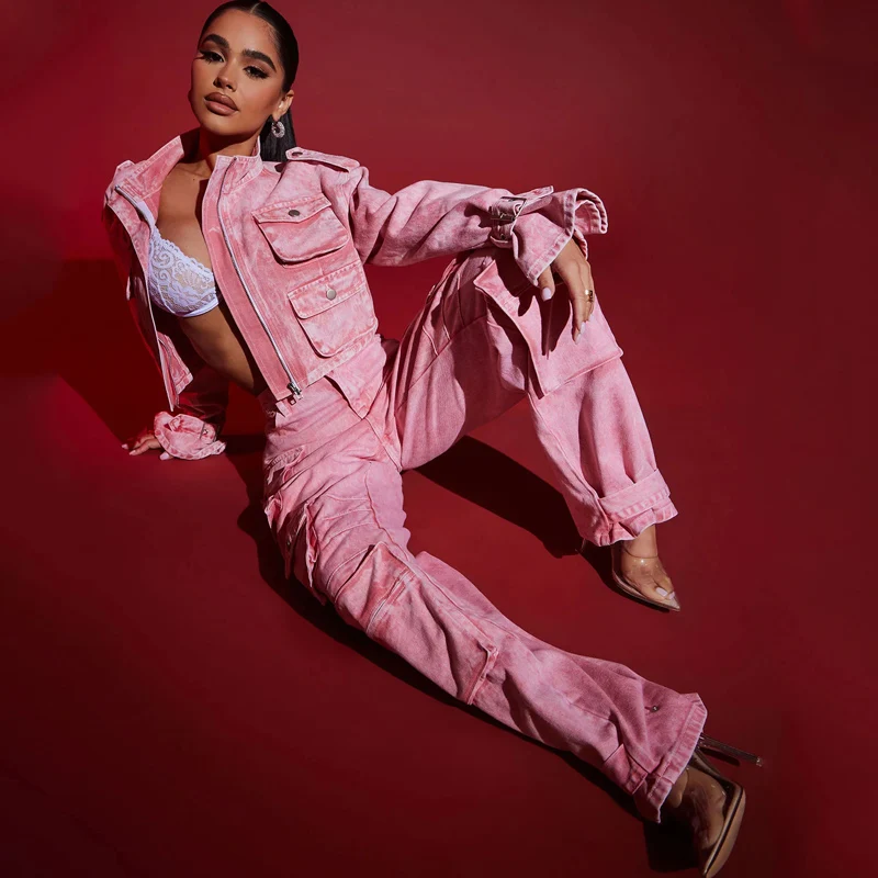 Custom Cropped Cargo Jacket and Baggy Jeans Two Pieces Outfits Street Women Denim Set